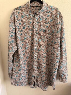 Cinch Teal and Tan Paisley Button-Down Shirt